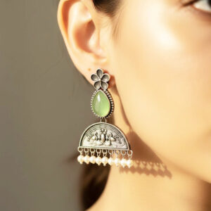 vintage oxidized silver floral moonstone jhumka earrings