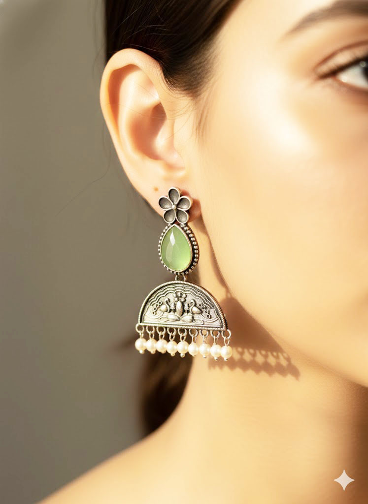 vintage oxidized silver floral moonstone jhumka earrings
