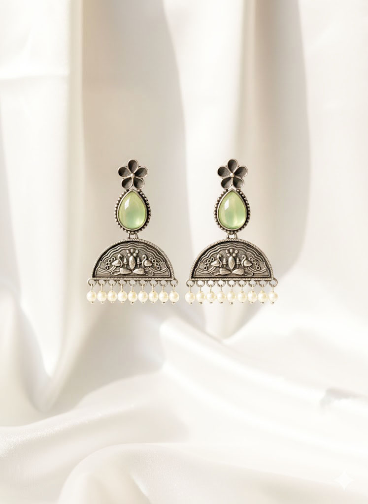 vintage oxidized silver floral moonstone jhumka earrings