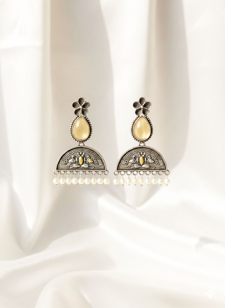 vintage oxidized silver floral moonstone jhumka earrings
