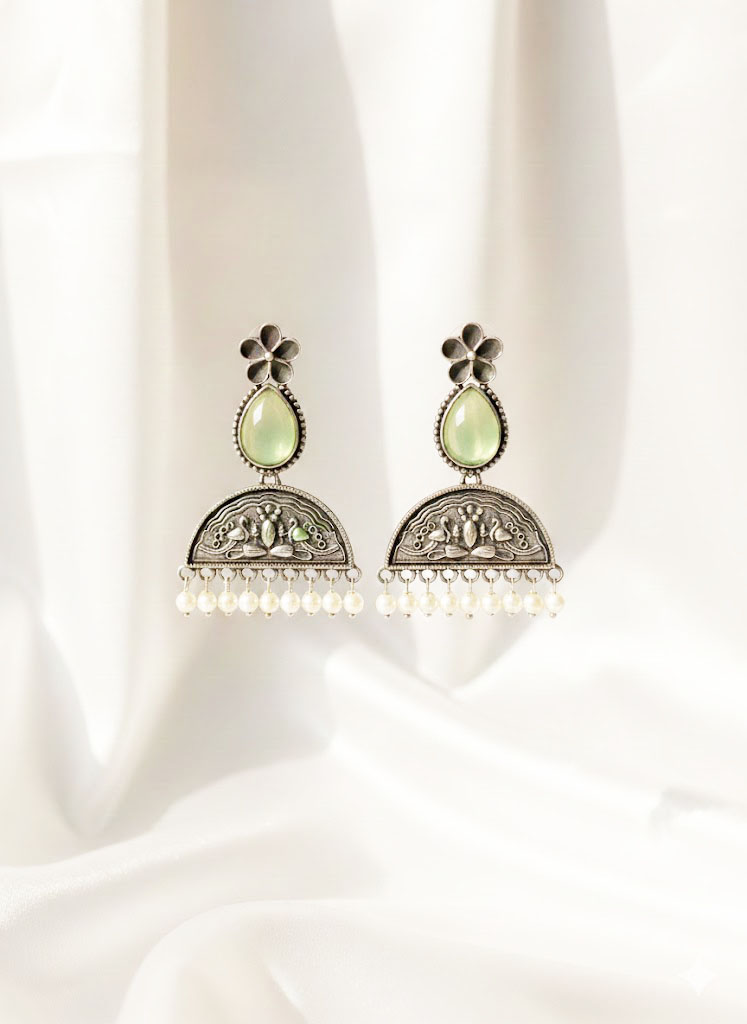 vintage oxidized silver floral moonstone jhumka earrings