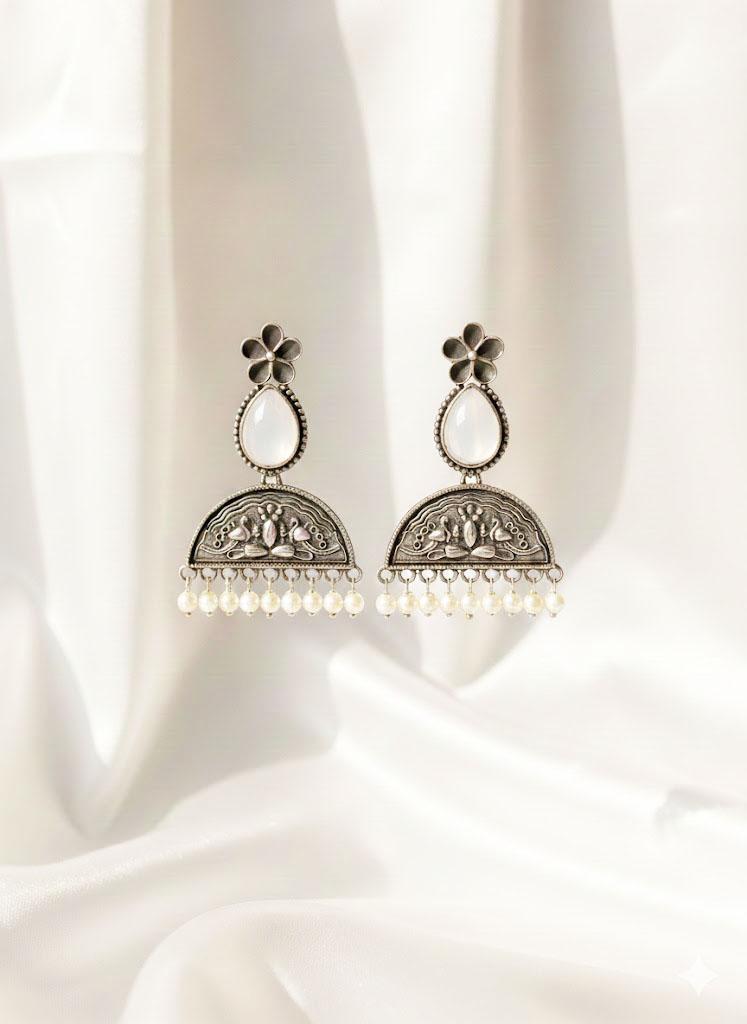 vintage oxidized silver floral moonstone jhumka earrings