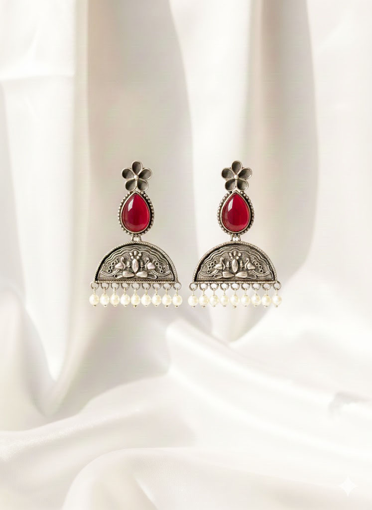 vintage oxidized silver floral moonstone jhumka earrings