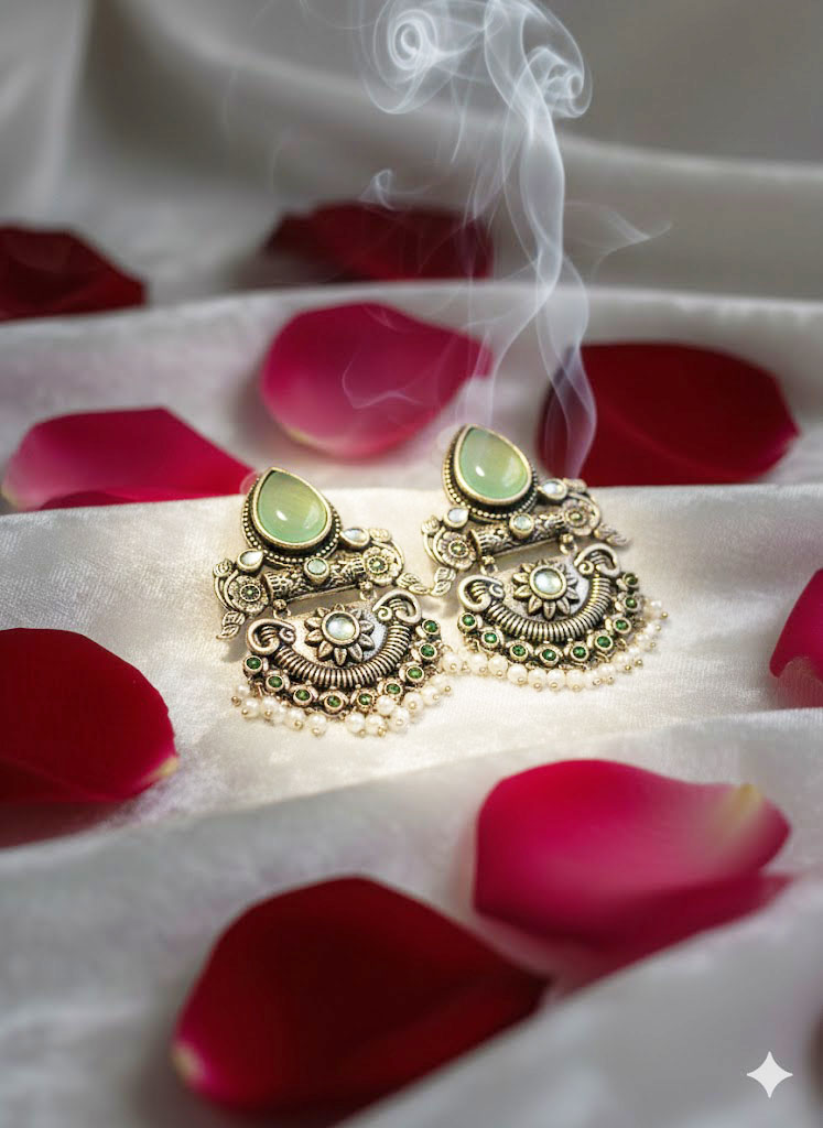 oxidized silver plated jhumka earrings with stones and pearl droplets oxidized silver plated jhumka earrings with stones and pearl droplets