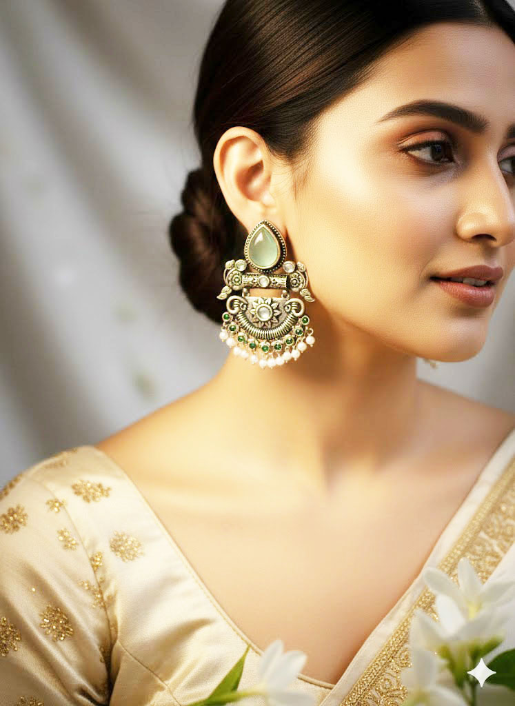 oxidized silver plated jhumka earrings with stones and pearl droplets oxidized silver plated jhumka earrings with stones and pearl droplets