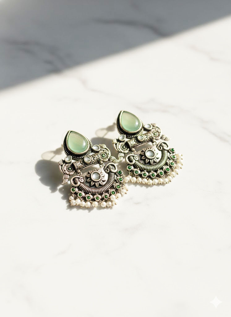 oxidized silver plated jhumka earrings with stones and pearl droplets oxidized silver plated jhumka earrings with stones and pearl droplets