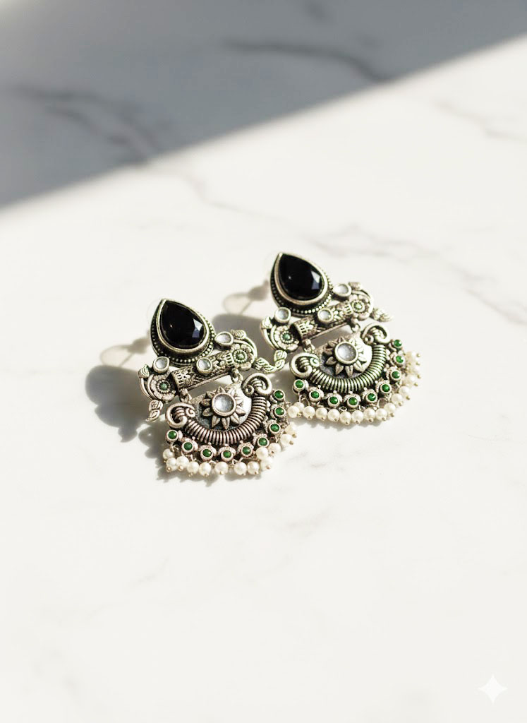 oxidized silver plated jhumka earrings with stones and pearl droplets oxidized silver plated jhumka earrings with stones and pearl droplets