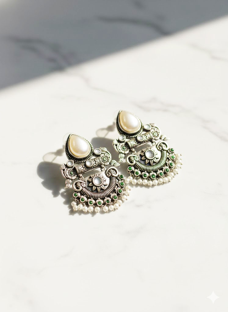 oxidized silver plated jhumka earrings with stones and pearl droplets oxidized silver plated jhumka earrings with stones and pearl droplets