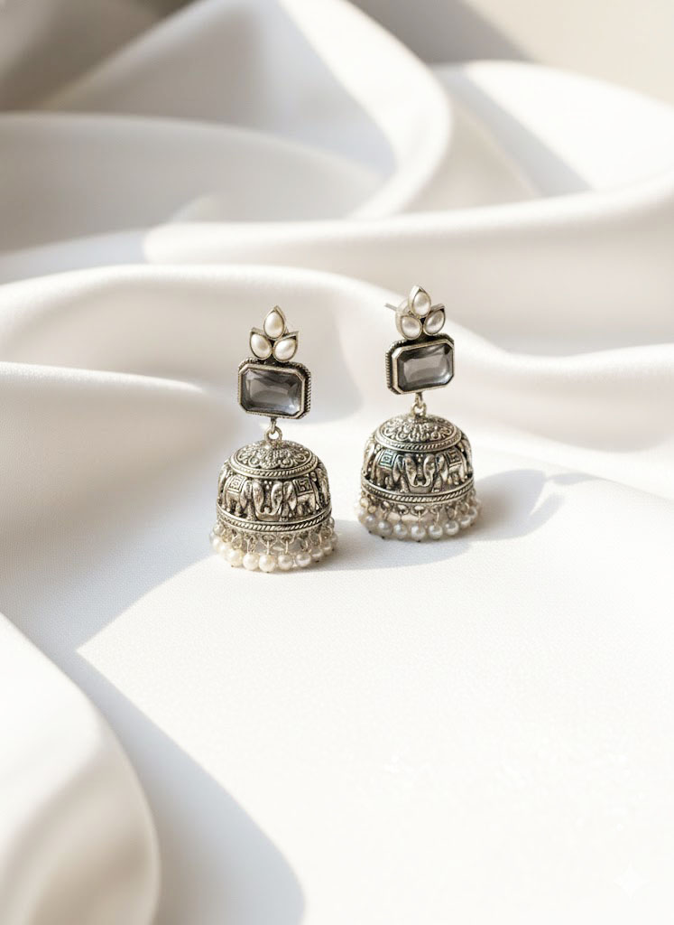 oxidized silver elephant motif jhumka earrings oxidized silver elephant motif jhumka earrings