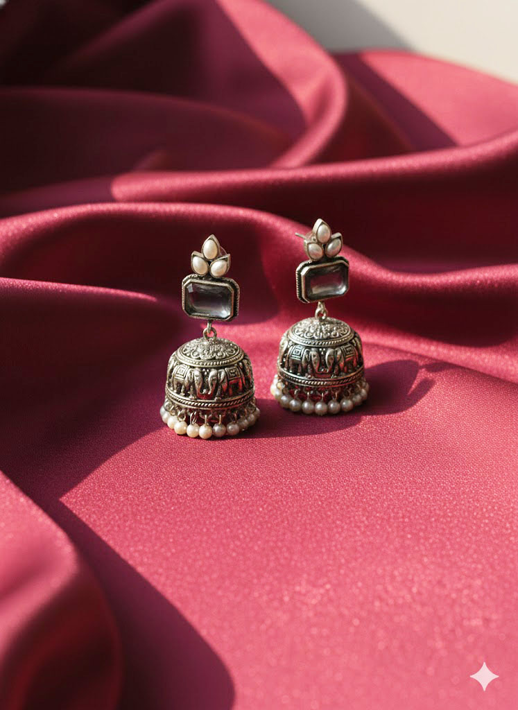 oxidized silver elephant motif jhumka earrings oxidized silver elephant motif jhumka earrings
