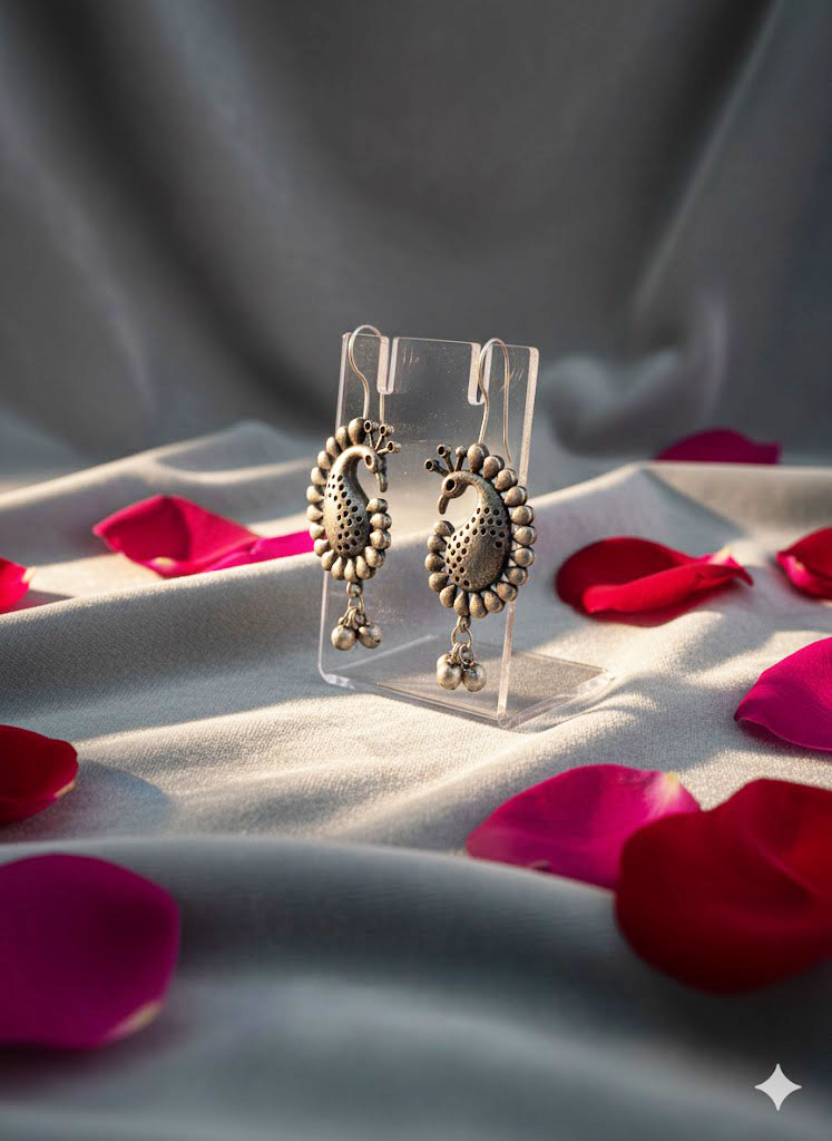 traditional peacock motif oxidized silver earrings traditional peacock motif oxidized silver earrings