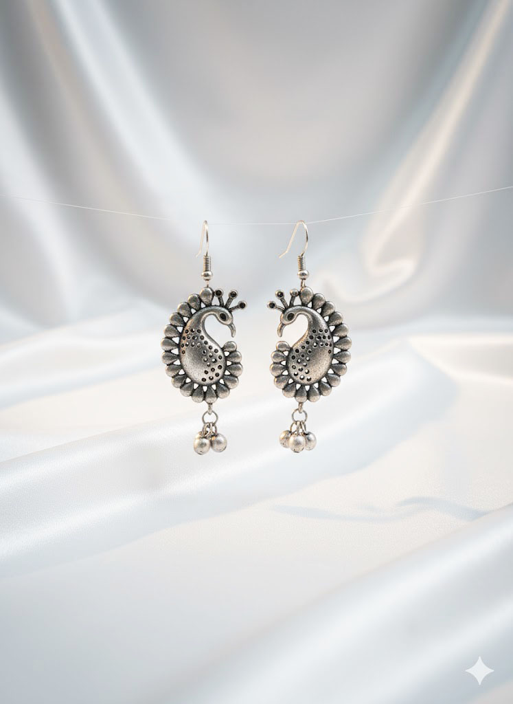 traditional peacock motif oxidized silver earrings traditional peacock motif oxidized silver earrings