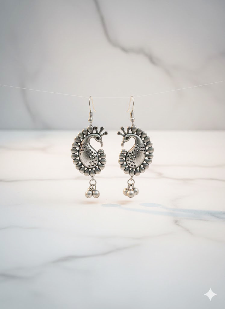 traditional peacock motif oxidized silver earrings traditional peacock motif oxidized silver earrings