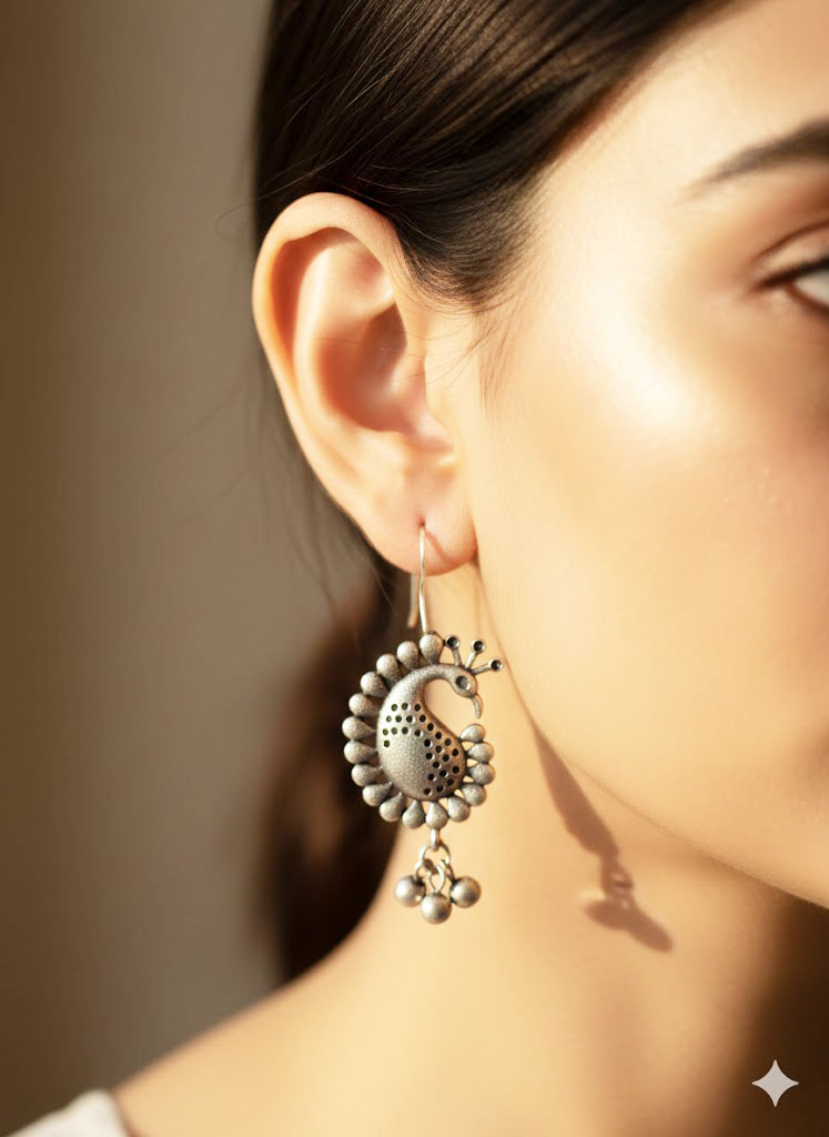 traditional peacock motif oxidized silver earrings traditional peacock motif oxidized silver earrings