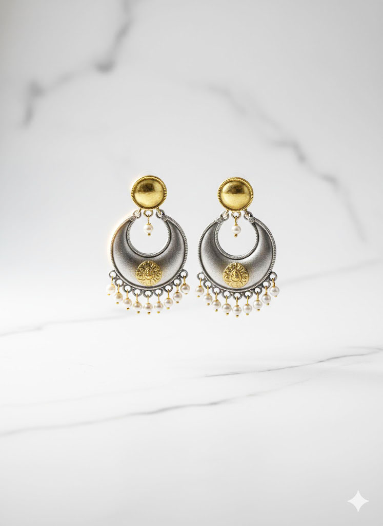 dual tone crescent moon chandbali earrings with pearl droplets dual tone crescent moon chandbali earrings with pearl droplets