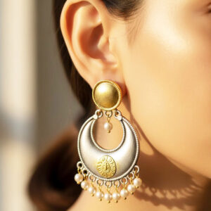 dual tone crescent moon chandbali earrings with pearl droplets
