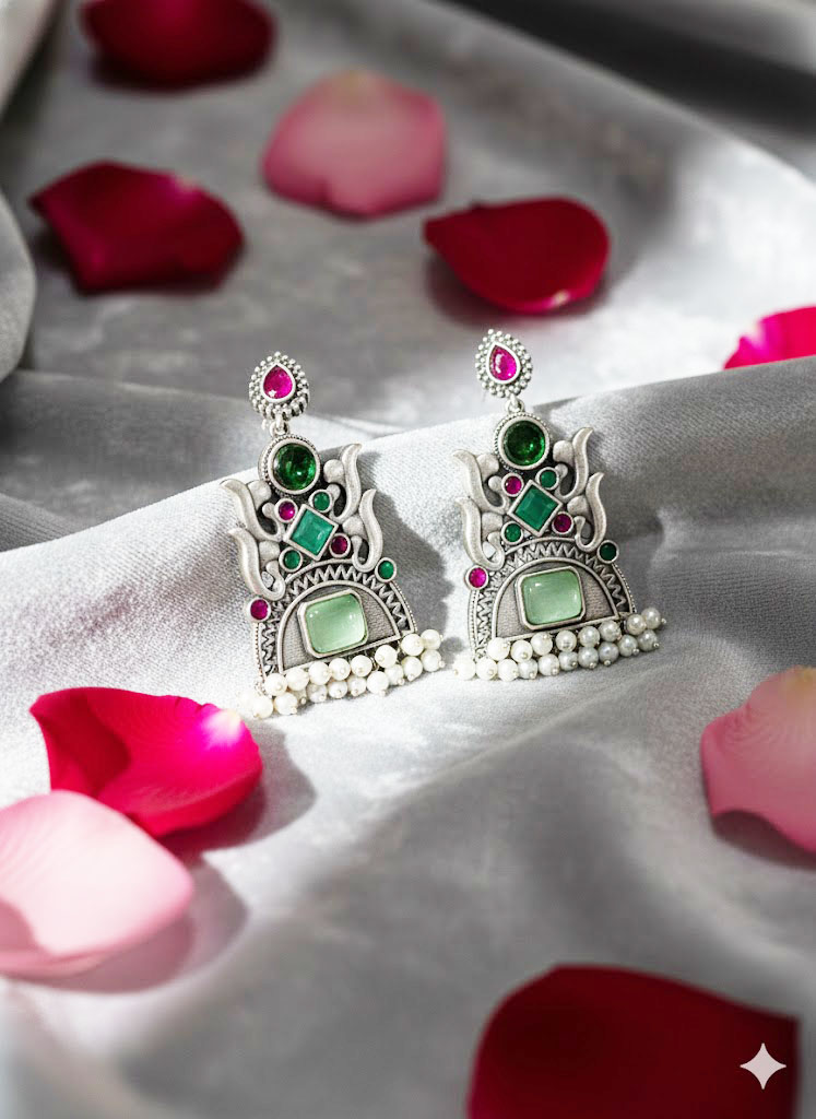 oxidized silver tone multi stone tribal jhumka/dangler earrings oxidized silver tone multi stone tribal jhumka/dangler earrings