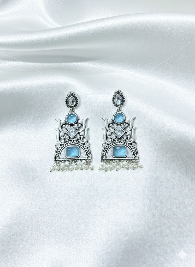 oxidized silver tone multi stone tribal jhumka/dangler earrings oxidized silver tone multi stone tribal jhumka/dangler earrings