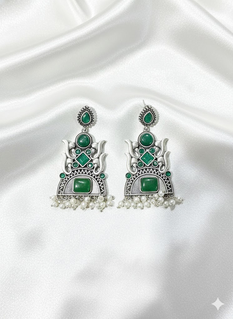 oxidized silver tone multi stone tribal jhumka/dangler earrings oxidized silver tone multi stone tribal jhumka/dangler earrings