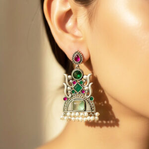 oxidized silver tone multi stone tribal jhumka/dangler earrings