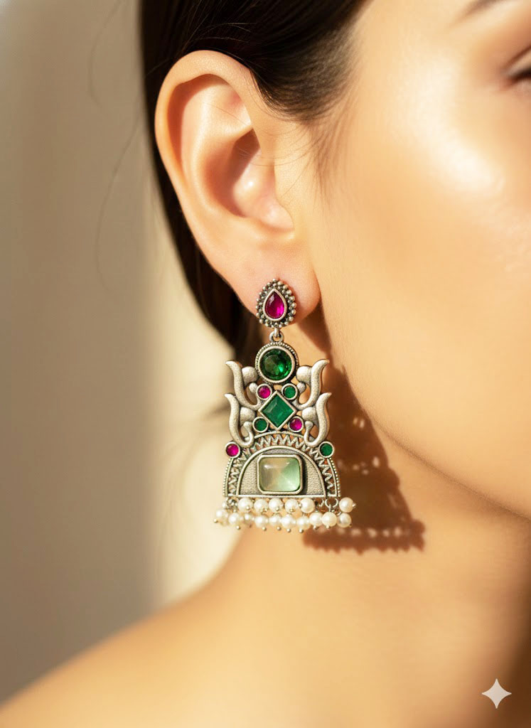 oxidized silver tone multi stone tribal jhumka/dangler earrings oxidized silver tone multi stone tribal jhumka/dangler earrings