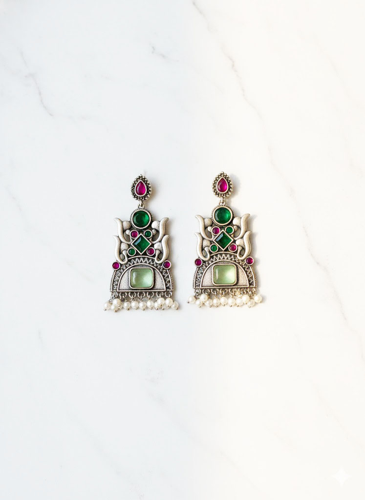 oxidized silver tone multi stone tribal jhumka/dangler earrings oxidized silver tone multi stone tribal jhumka/dangler earrings