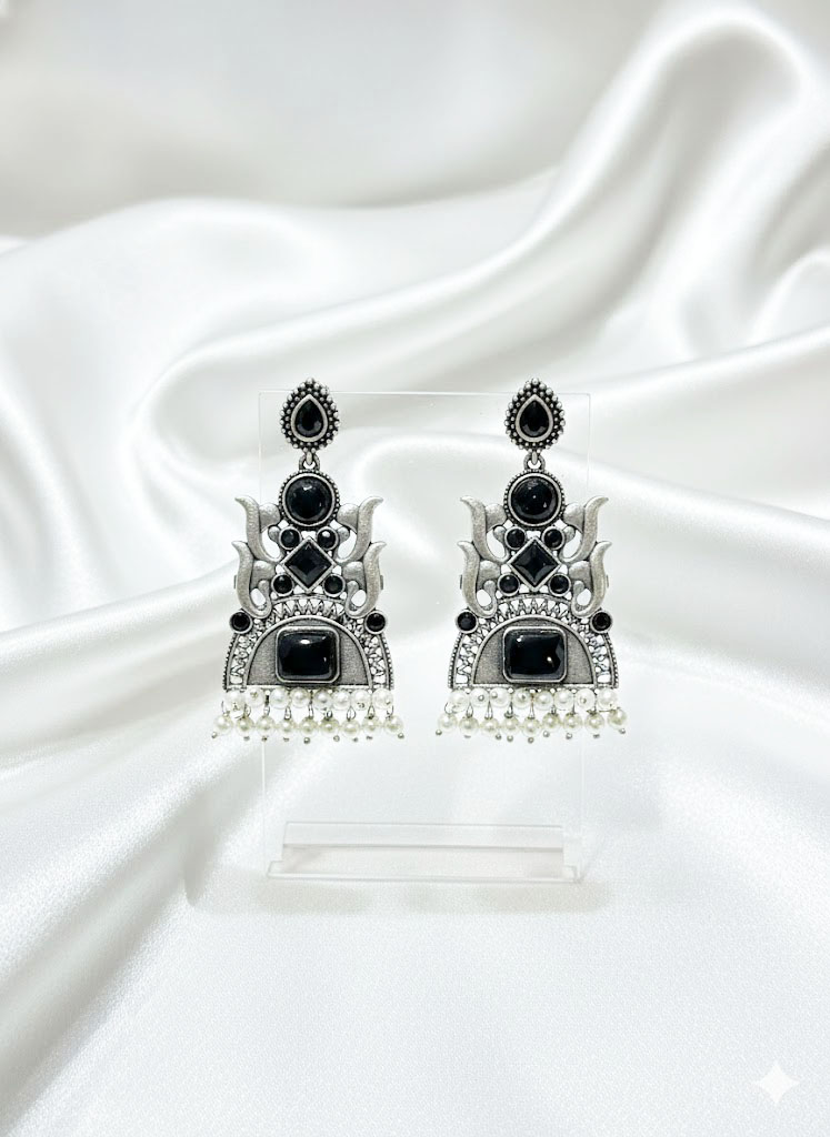 oxidized silver tone multi stone tribal jhumka/dangler earrings oxidized silver tone multi stone tribal jhumka/dangler earrings