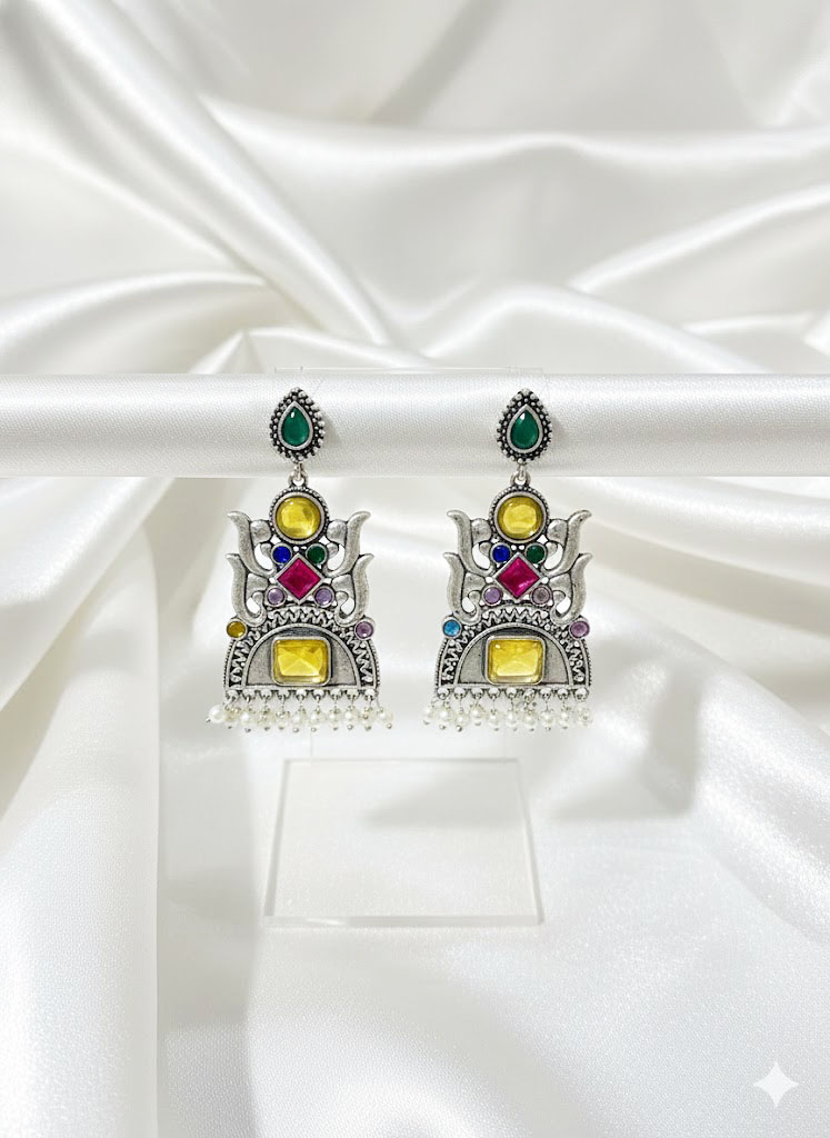 oxidized silver tone multi stone tribal jhumka/dangler earrings oxidized silver tone multi stone tribal jhumka/dangler earrings