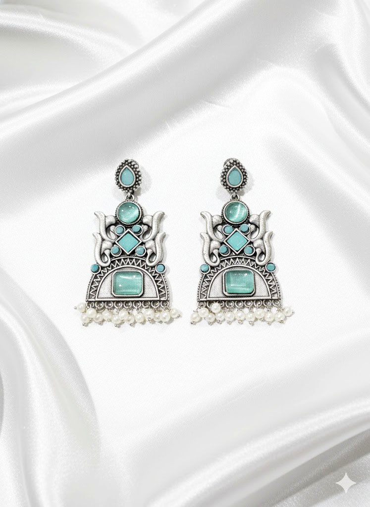 oxidized silver tone multi stone tribal jhumka/dangler earrings oxidized silver tone multi stone tribal jhumka/dangler earrings