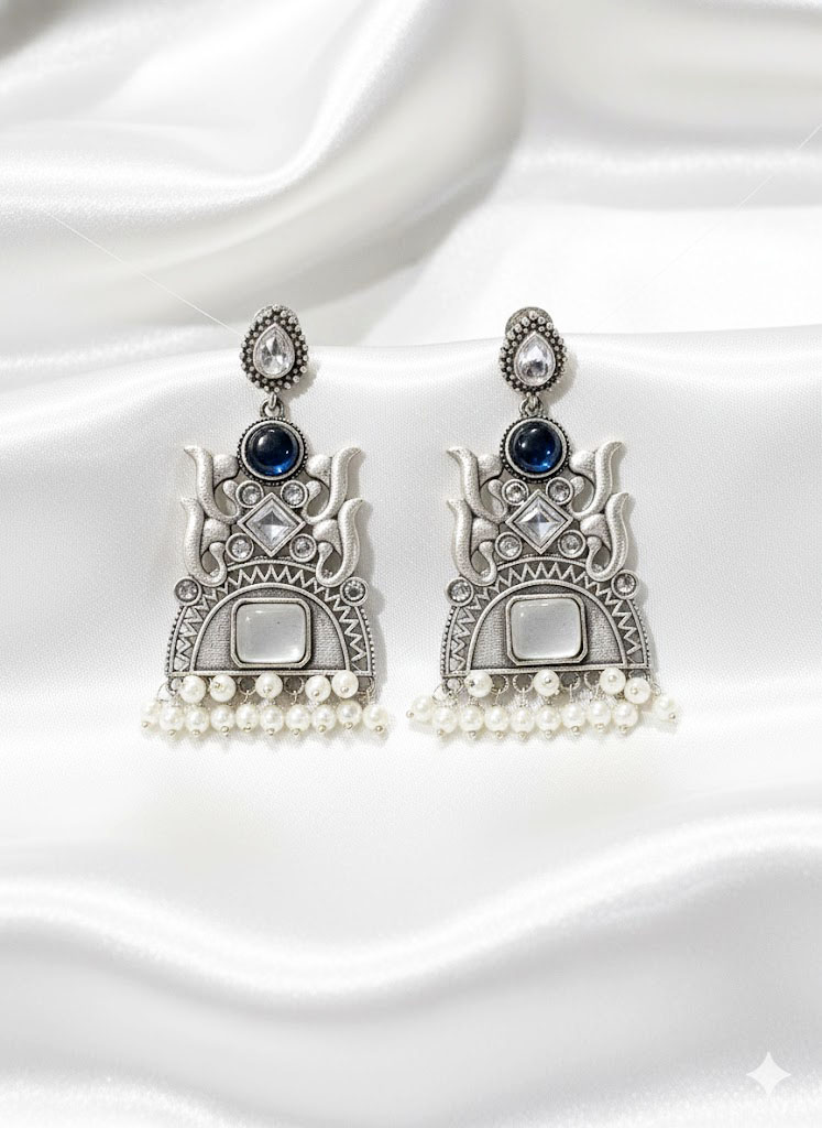 oxidized silver tone multi stone tribal jhumka/dangler earrings oxidized silver tone multi stone tribal jhumka/dangler earrings