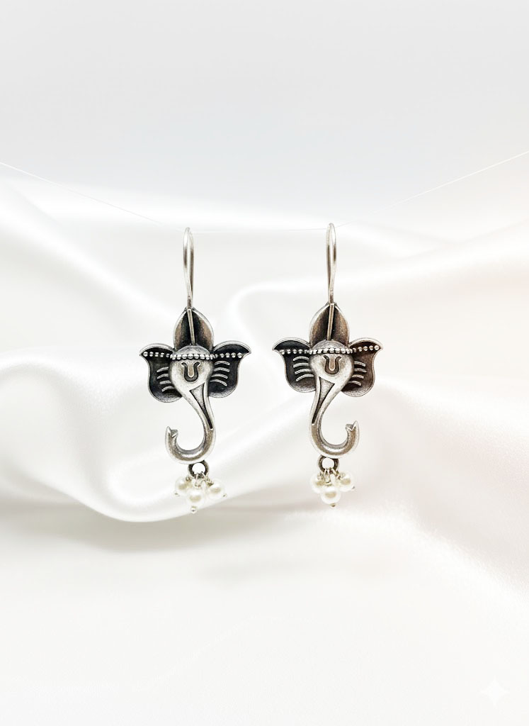 divine ganesha oxidized silver tone drop earrings with pearl accents divine ganesha oxidized silver tone drop earrings with pearl accents