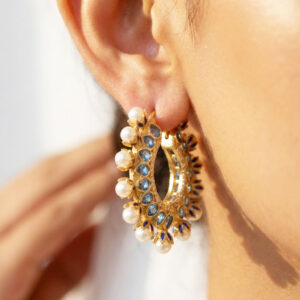 regal pearl & moissanite polki chand bali hoop earrings by Malini