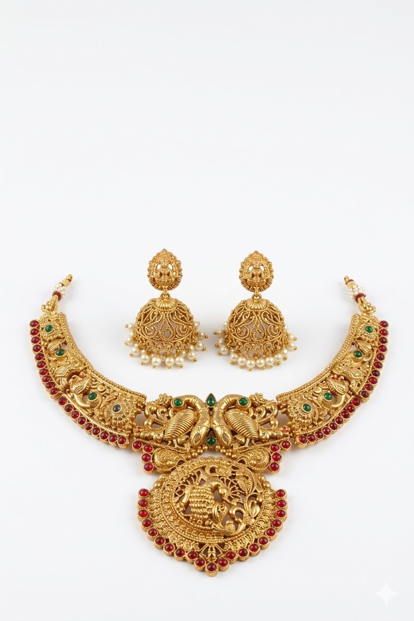 mayura temple design gold plated necklace set with jhumka earrings mayura temple design gold plated necklace set with jhumka earrings