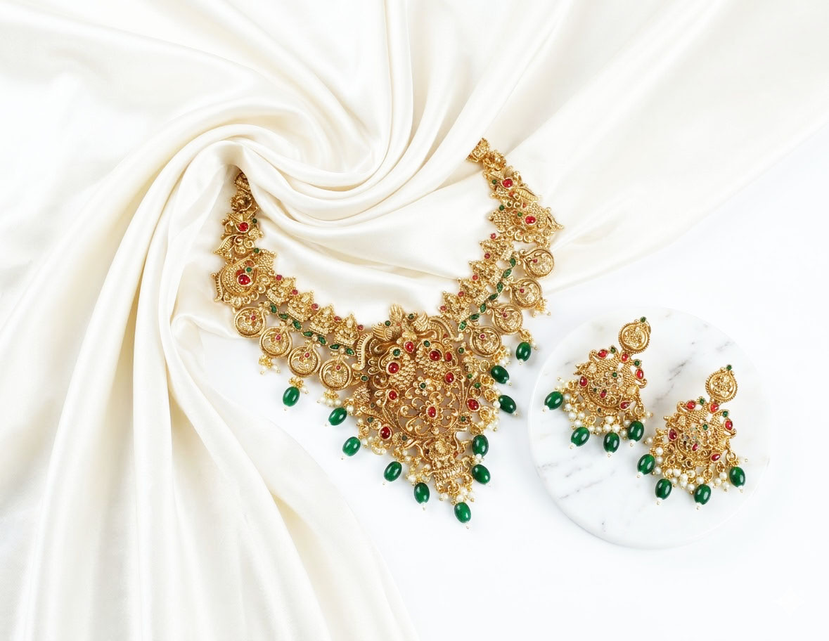 antique gold plated temple necklace and earring set antique gold plated temple necklace and earring set