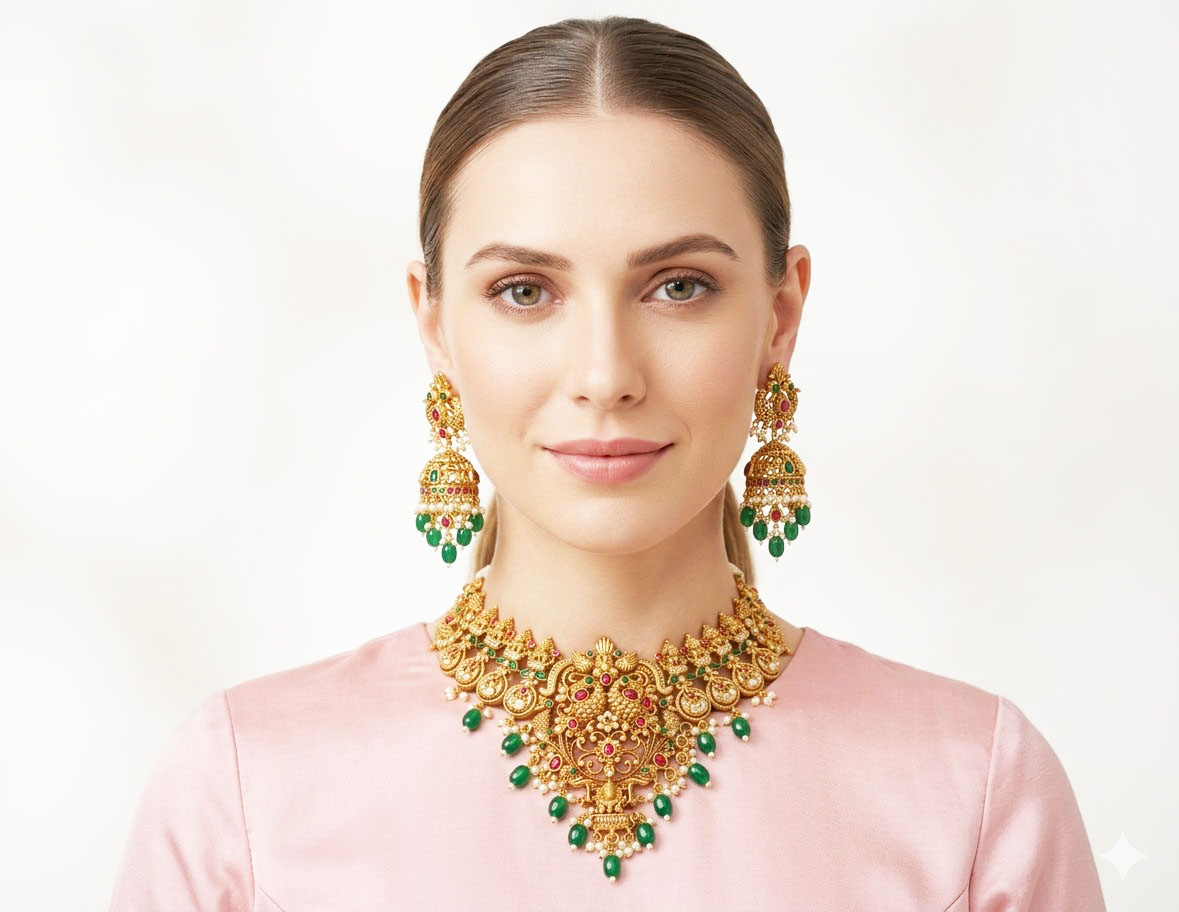antique gold plated temple necklace and earring set antique gold plated temple necklace and earring set
