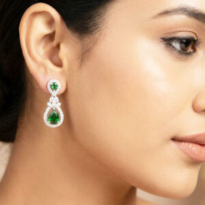 pear shaped emerald green halo drop earrings by Malini