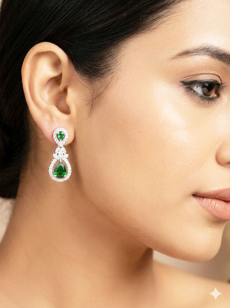 pear shaped emerald green halo drop earrings by Malini pear shaped emerald green halo drop earrings by Malini