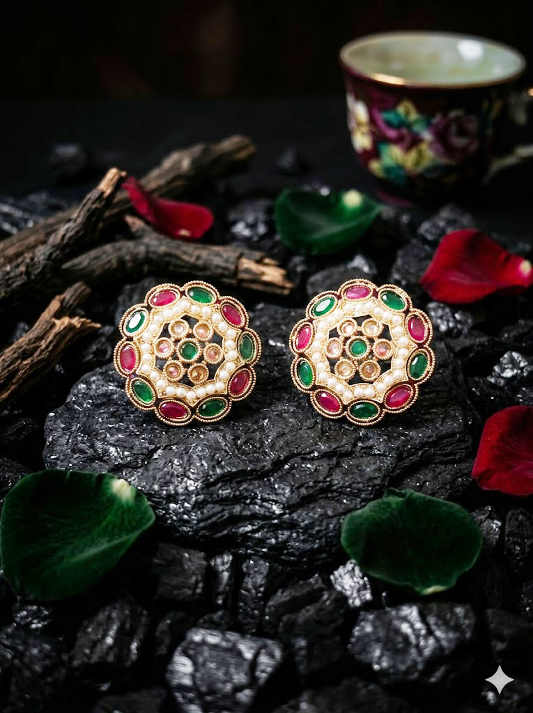 malini regal ruby & emerald tone floral stud earrings by Malini malini regal ruby & emerald tone floral stud earrings by Malini