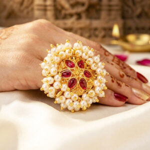 Home traditional pearl and crimson floral statement ring by Malini