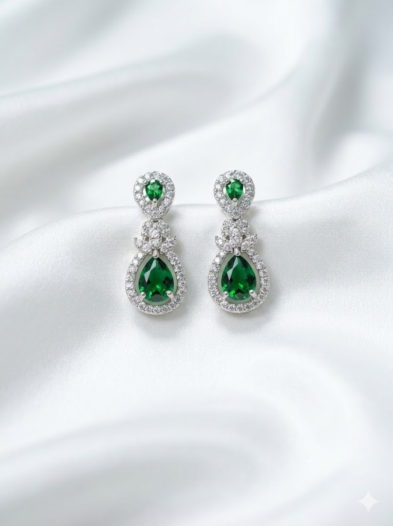 pear shaped emerald green halo drop earrings by Malini pear shaped emerald green halo drop earrings by Malini