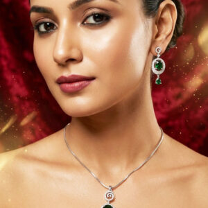 elegant emerald style oval halo pendant & earring set by Malini