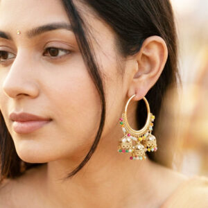 Home pastel beaded gold tone hoop jhumkas by Malini