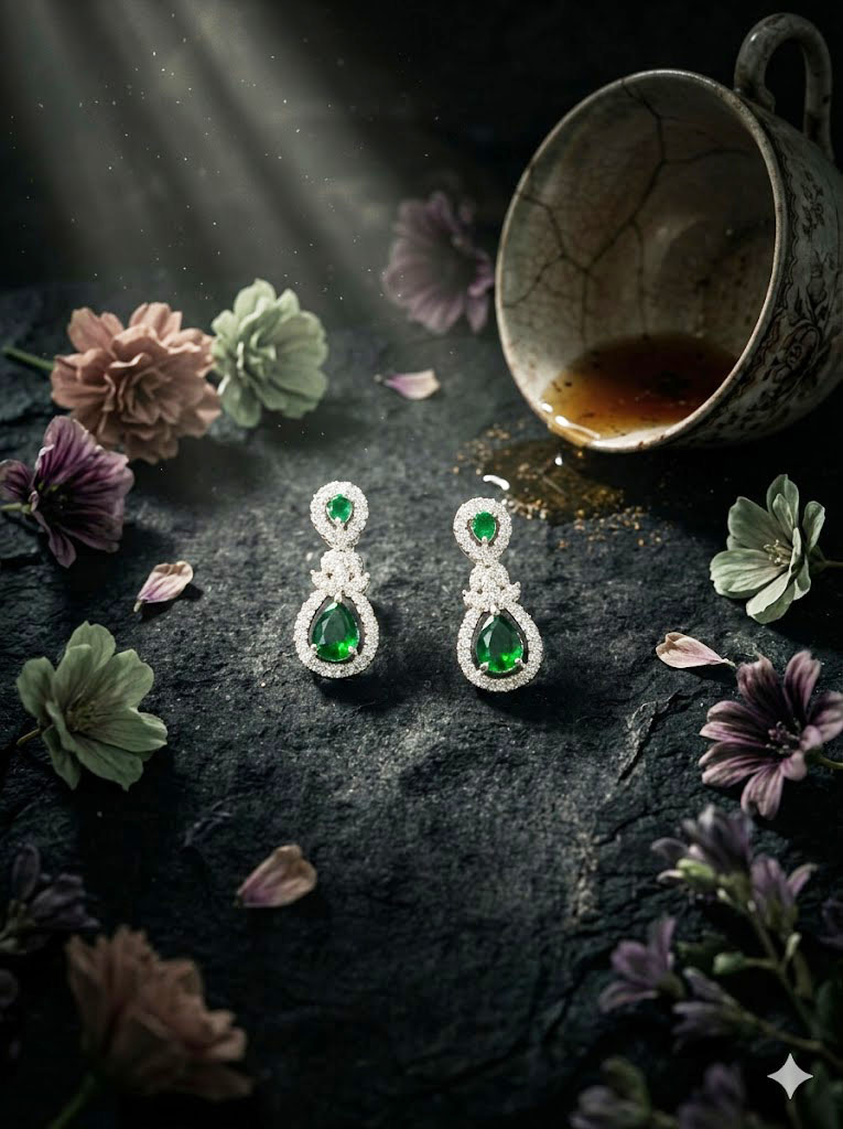 pear shaped emerald green halo drop earrings by Malini pear shaped emerald green halo drop earrings by Malini