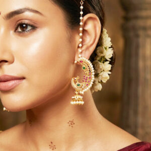 mayuri heritage peacock jhumka ear cuffs with pearl chain by Malini