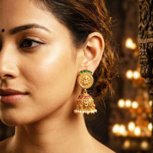 divine ganesha antique gold jhumkas with pearl drops by Malini