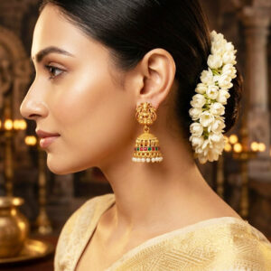 antique gold finish goddess temple jhumka earrings by Malini