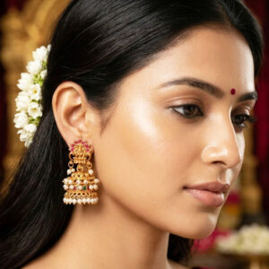 antique finish lakshmi temple jhumpa's with ruby, emerald & pearl accents by Malini