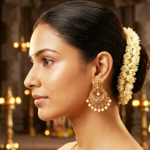 antique gold finish temple motif earrings with pearl drops by Malini