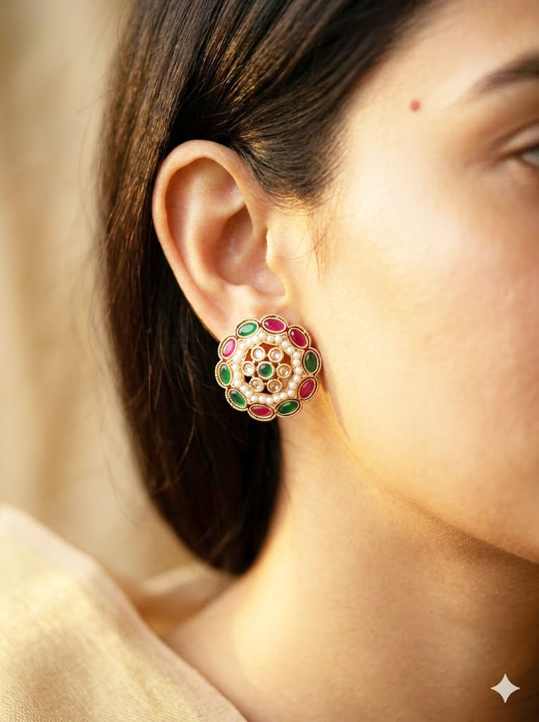 malini regal ruby & emerald tone floral stud earrings by Malini malini regal ruby & emerald tone floral stud earrings by Malini
