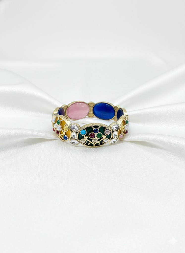 gemstone gold toned mughal style bangle by Malini gemstone gold toned mughal style bangle by Malini